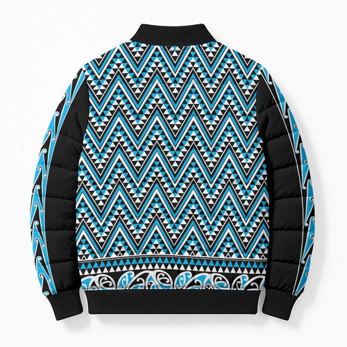 New Zealand Maori Niho Taniwha Bomber Puffer Jacket Kikorangi Mangopare and Puhoro Pattern - Aussie Hoodie