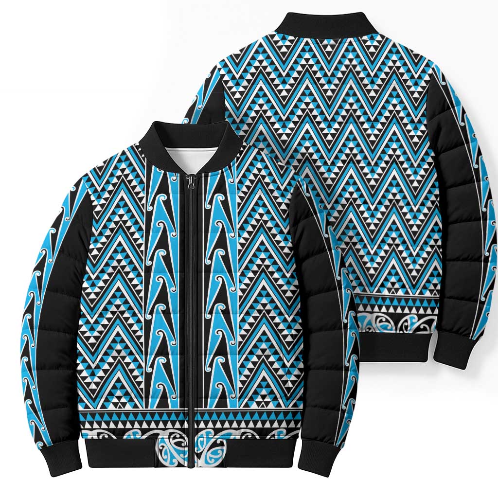 New Zealand Maori Niho Taniwha Bomber Puffer Jacket Kikorangi Mangopare and Puhoro Pattern - Aussie Hoodie