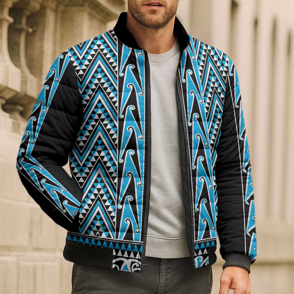 New Zealand Maori Niho Taniwha Bomber Puffer Jacket Kikorangi Mangopare and Puhoro Pattern - Aussie Hoodie