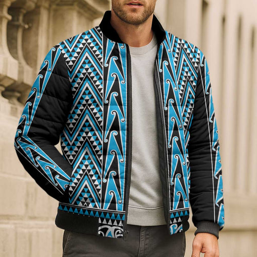 New Zealand Maori Niho Taniwha Bomber Puffer Jacket Kikorangi Mangopare and Puhoro Pattern - Aussie Hoodie