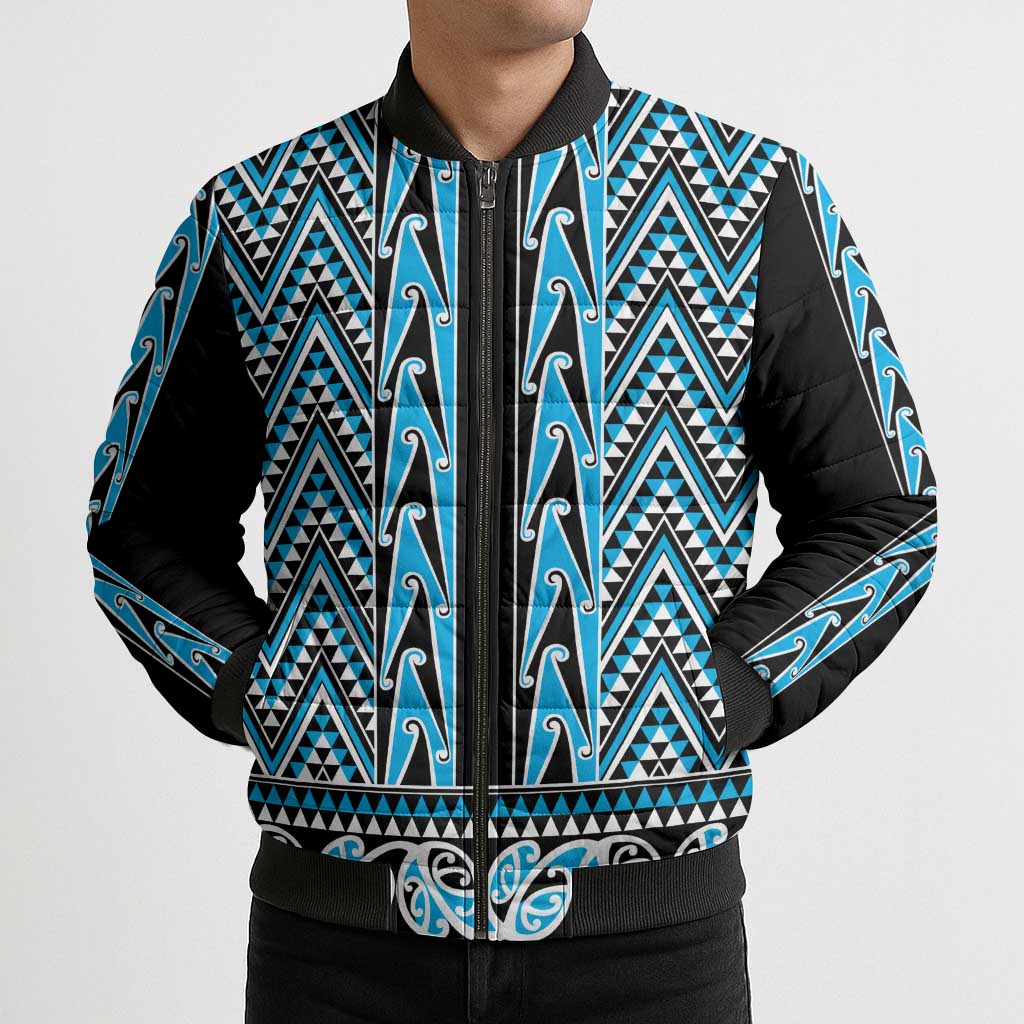 New Zealand Maori Niho Taniwha Bomber Puffer Jacket Kikorangi Mangopare and Puhoro Pattern - Aussie Hoodie