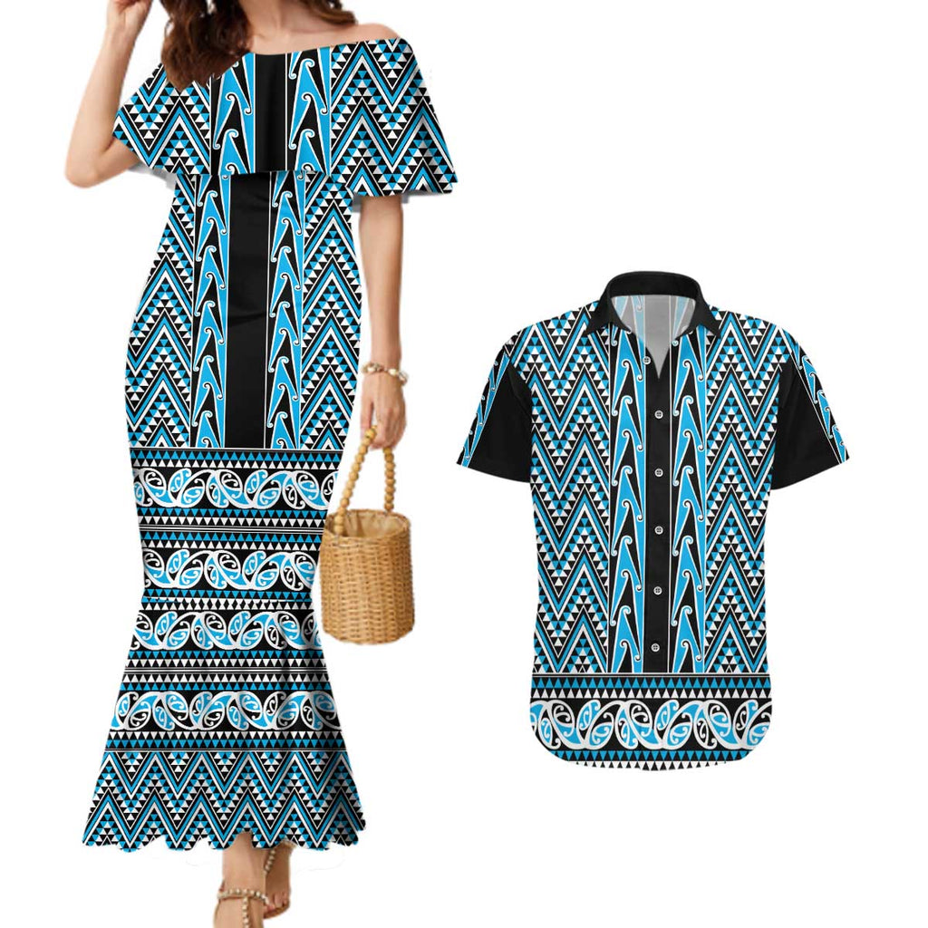 New Zealand Maori Niho Taniwha Couples Matching Mermaid Dress and Hawaiian Shirt Kikorangi Mangopare and Puhoro Pattern