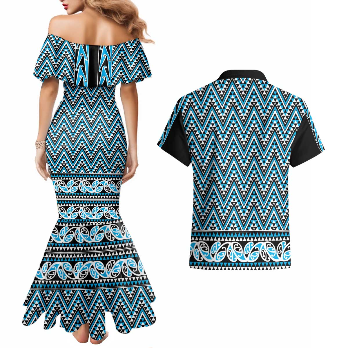 New Zealand Maori Niho Taniwha Couples Matching Mermaid Dress and Hawaiian Shirt Kikorangi Mangopare and Puhoro Pattern