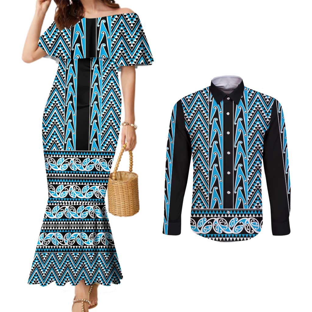 New Zealand Maori Niho Taniwha Couples Matching Mermaid Dress and Long Sleeve Button Shirt Kikorangi Mangopare and Puhoro Pattern