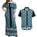 New Zealand Maori Niho Taniwha Couples Matching Off Shoulder Maxi Dress and Hawaiian Shirt Kikorangi Mangopare and Puhoro Pattern