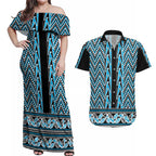 New Zealand Maori Niho Taniwha Couples Matching Off Shoulder Maxi Dress and Hawaiian Shirt Kikorangi Mangopare and Puhoro Pattern
