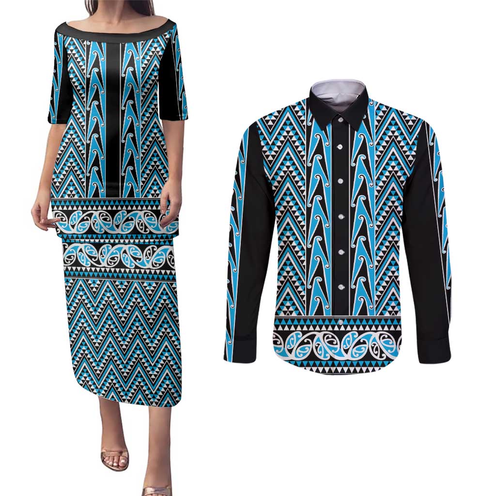 New Zealand Maori Niho Taniwha Couples Matching Puletasi and Long Sleeve Button Shirt Kikorangi Mangopare and Puhoro Pattern