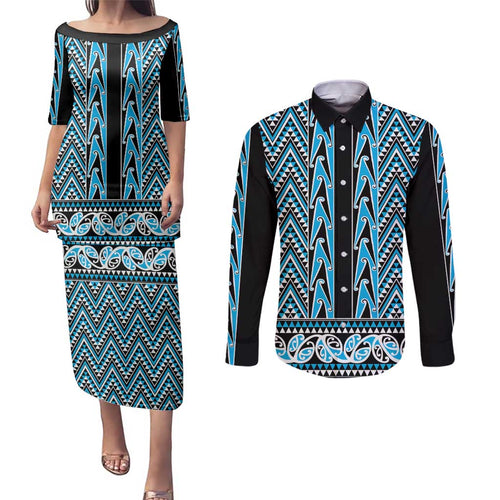 New Zealand Maori Niho Taniwha Couples Matching Puletasi and Long Sleeve Button Shirt Kikorangi Mangopare and Puhoro Pattern
