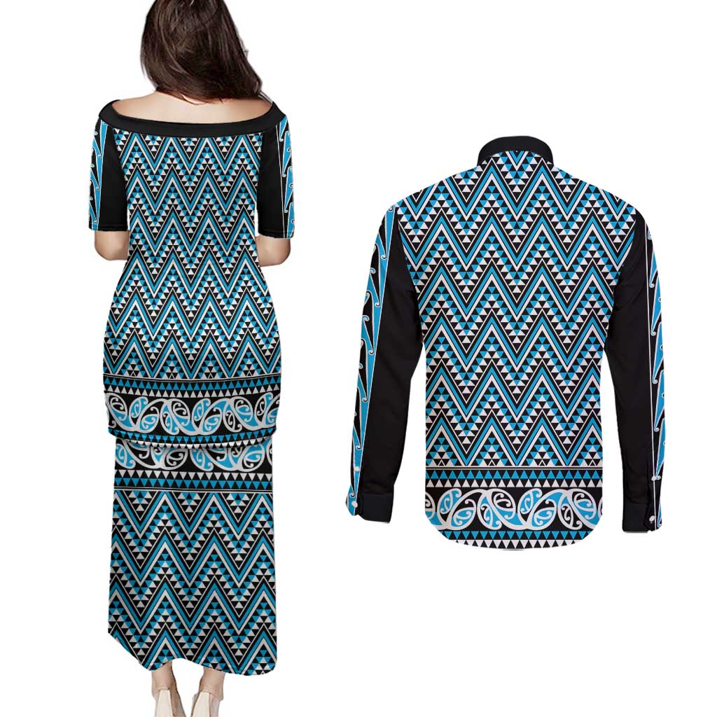 New Zealand Maori Niho Taniwha Couples Matching Puletasi and Long Sleeve Button Shirt Kikorangi Mangopare and Puhoro Pattern