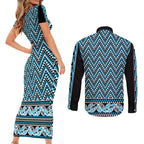 New Zealand Maori Niho Taniwha Couples Matching Short Sleeve Bodycon Dress and Long Sleeve Button Shirt Kikorangi Mangopare and Puhoro Pattern
