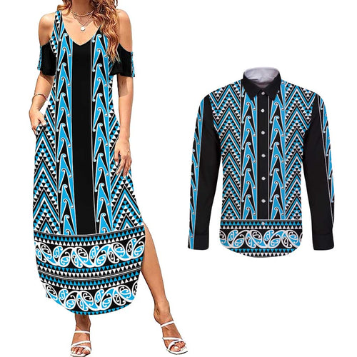 New Zealand Maori Niho Taniwha Couples Matching Summer Maxi Dress and Long Sleeve Button Shirt Kikorangi Mangopare and Puhoro Pattern