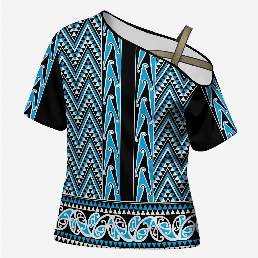 New Zealand Maori Niho Taniwha Cross Shoulder Shirt Kikorangi Mangopare and Puhoro Pattern - Aussie Hoodie