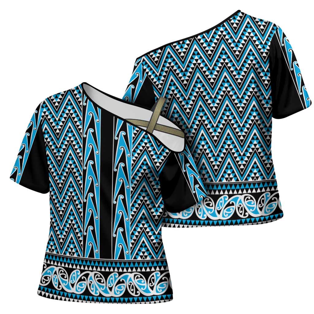 New Zealand Maori Niho Taniwha Cross Shoulder Shirt Kikorangi Mangopare and Puhoro Pattern - Aussie Hoodie