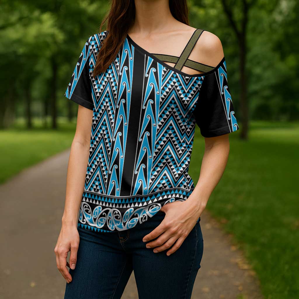 New Zealand Maori Niho Taniwha Cross Shoulder Shirt Kikorangi Mangopare and Puhoro Pattern - Aussie Hoodie