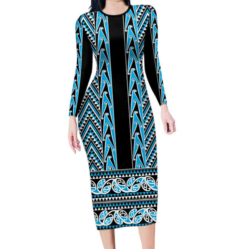 New Zealand Maori Niho Taniwha Family Matching Long Sleeve Bodycon Dress and Hawaiian Shirt Kikorangi Mangopare and Puhoro Pattern