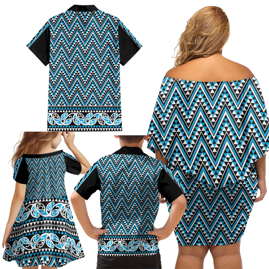 New Zealand Maori Niho Taniwha Family Matching Off Shoulder Short Dress and Hawaiian Shirt Kikorangi Mangopare and Puhoro Pattern
