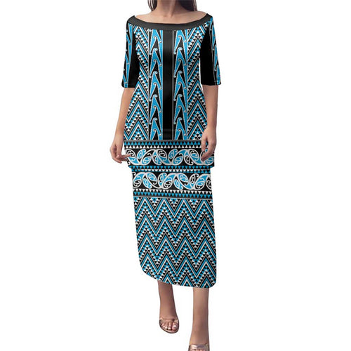 New Zealand Maori Niho Taniwha Family Matching Puletasi and Hawaiian Shirt Kikorangi Mangopare and Puhoro Pattern