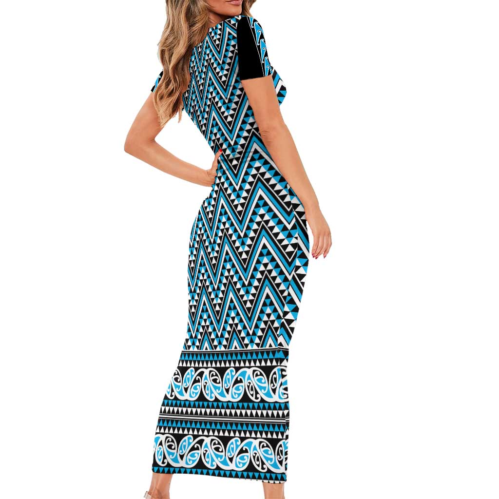 New Zealand Maori Niho Taniwha Family Matching Short Sleeve Bodycon Dress and Hawaiian Shirt Kikorangi Mangopare and Puhoro Pattern
