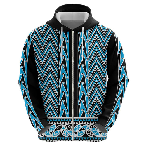 New Zealand Maori Niho Taniwha Hoodie Kikorangi Mangopare and Puhoro Pattern