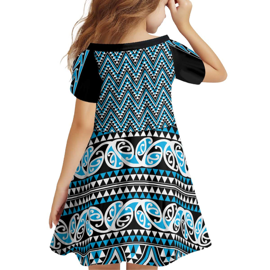 New Zealand Maori Niho Taniwha Kid Short Sleeve Dress Kikorangi Mangopare and Puhoro Pattern