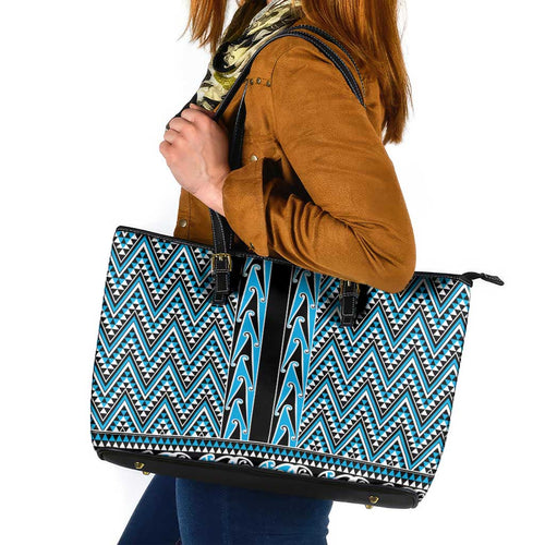 New Zealand Maori Niho Taniwha Leather Tote Bag Kikorangi Mangopare and Puhoro Pattern