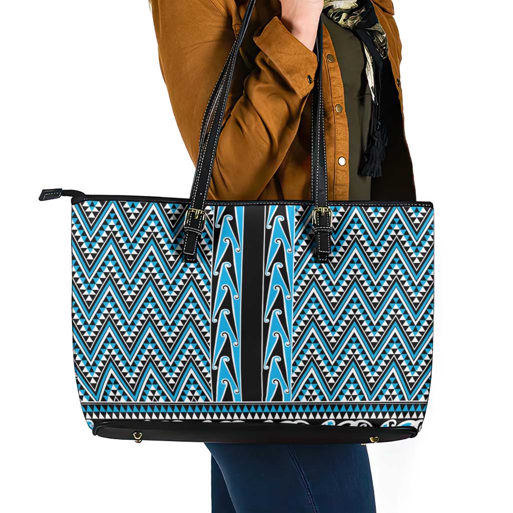 New Zealand Maori Niho Taniwha Leather Tote Bag Kikorangi Mangopare and Puhoro Pattern