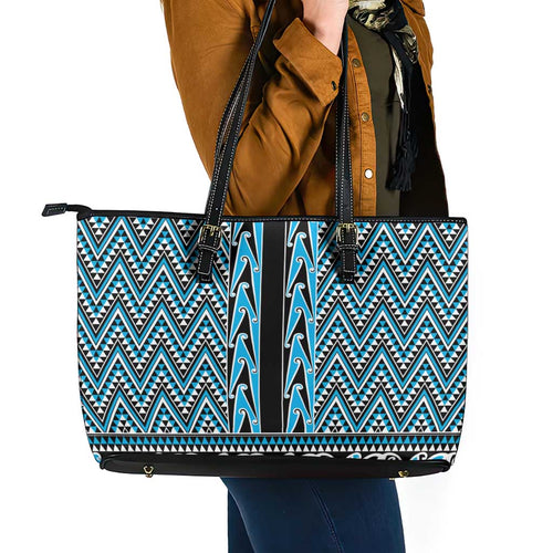 New Zealand Maori Niho Taniwha Leather Tote Bag Kikorangi Mangopare and Puhoro Pattern