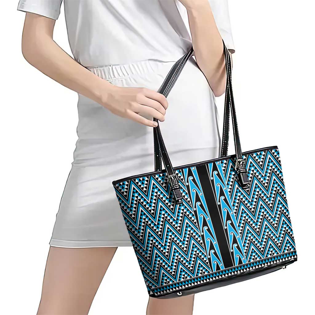 New Zealand Maori Niho Taniwha Leather Tote Bag Kikorangi Mangopare and Puhoro Pattern