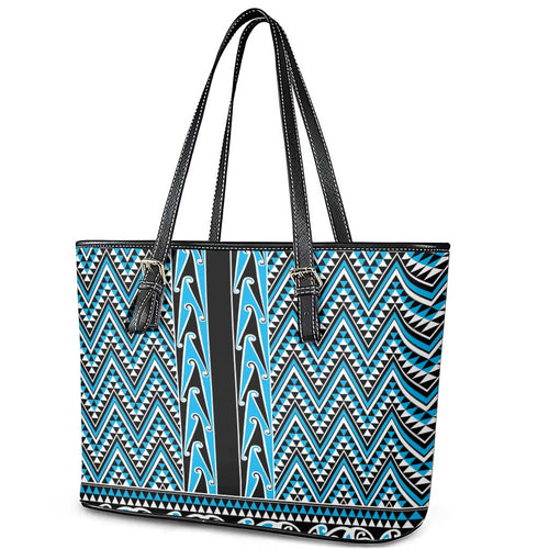 New Zealand Maori Niho Taniwha Leather Tote Bag Kikorangi Mangopare and Puhoro Pattern