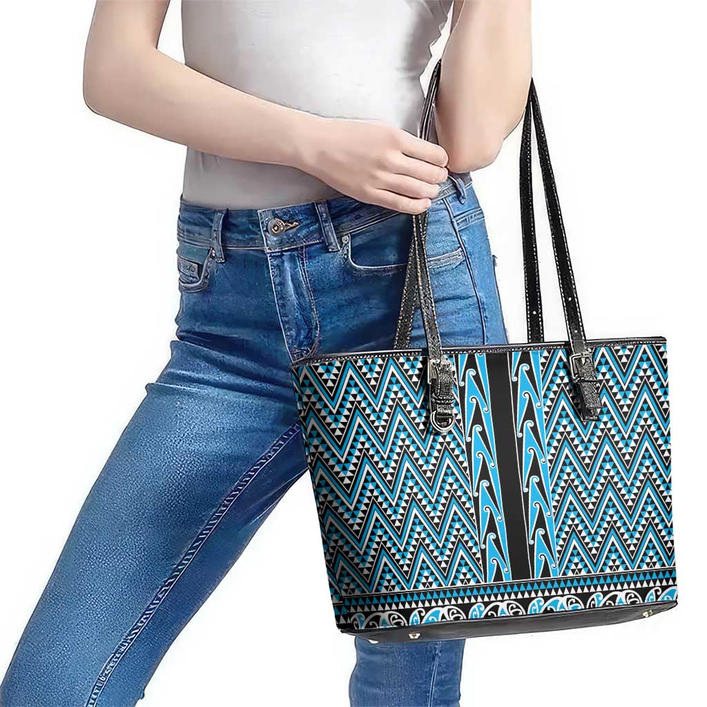 New Zealand Maori Niho Taniwha Leather Tote Bag Kikorangi Mangopare and Puhoro Pattern
