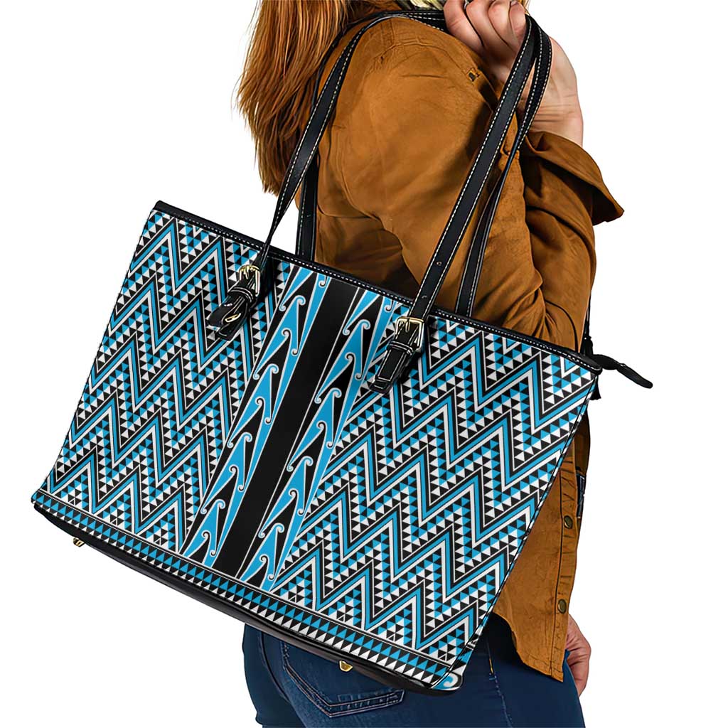 New Zealand Maori Niho Taniwha Leather Tote Bag Kikorangi Mangopare and Puhoro Pattern