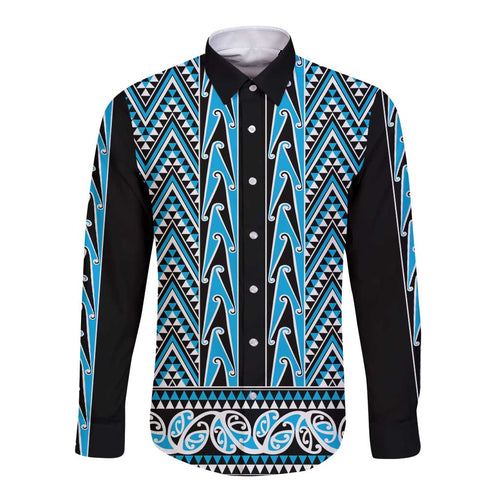 New Zealand Maori Niho Taniwha Long Sleeve Button Shirt Kikorangi Mangopare and Puhoro Pattern