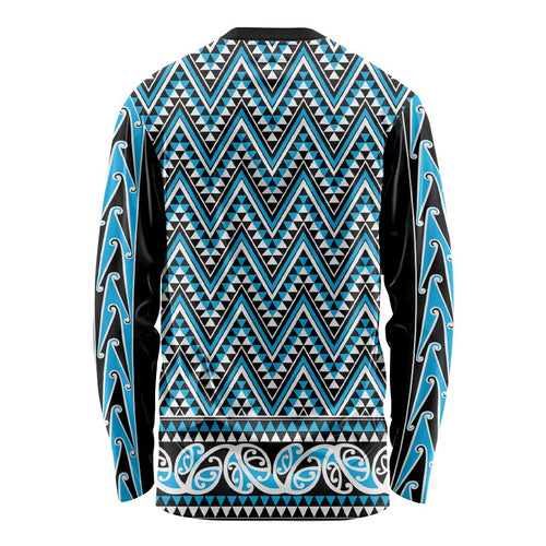 New Zealand Maori Niho Taniwha Long Sleeve Shirt Kikorangi Mangopare and Puhoro Pattern