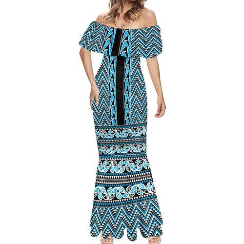 New Zealand Maori Niho Taniwha Mermaid Dress Kikorangi Mangopare and Puhoro Pattern