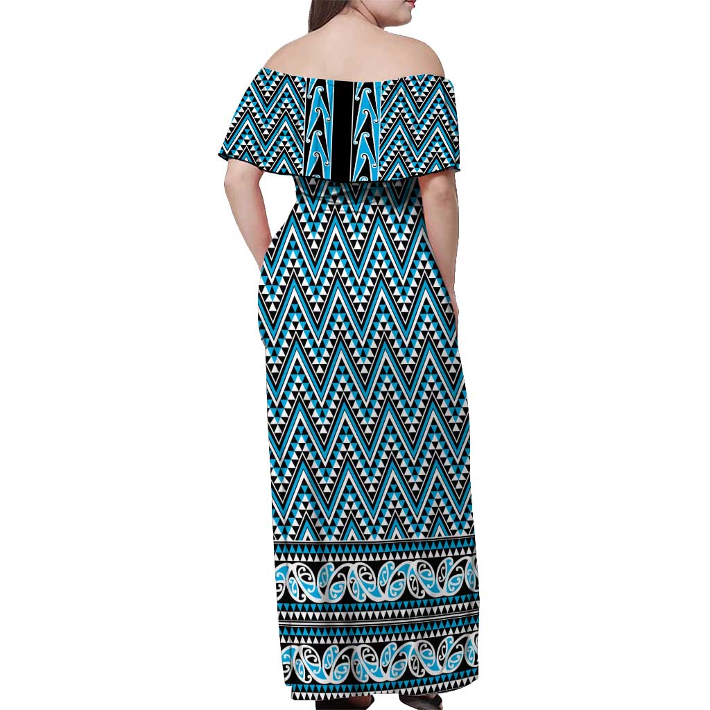New Zealand Maori Niho Taniwha Off Shoulder Maxi Dress Kikorangi Mangopare and Puhoro Pattern