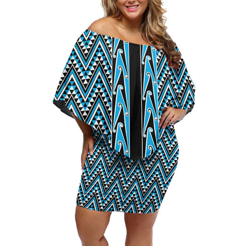 New Zealand Maori Niho Taniwha Off Shoulder Short Dress Kikorangi Mangopare and Puhoro Pattern
