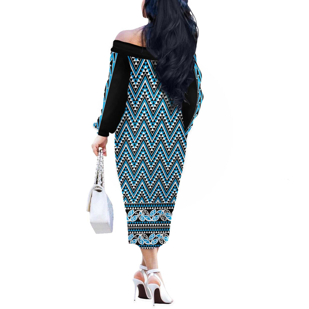 New Zealand Maori Niho Taniwha Off The Shoulder Long Sleeve Dress Kikorangi Mangopare and Puhoro Pattern