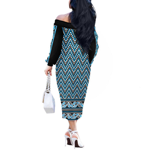 New Zealand Maori Niho Taniwha Off The Shoulder Long Sleeve Dress Kikorangi Mangopare and Puhoro Pattern