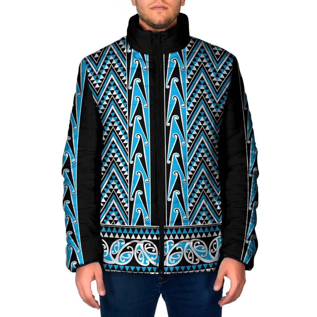 New Zealand Maori Niho Taniwha Padded Jacket Kikorangi Mangopare and Puhoro Pattern - Aussie Hoodie