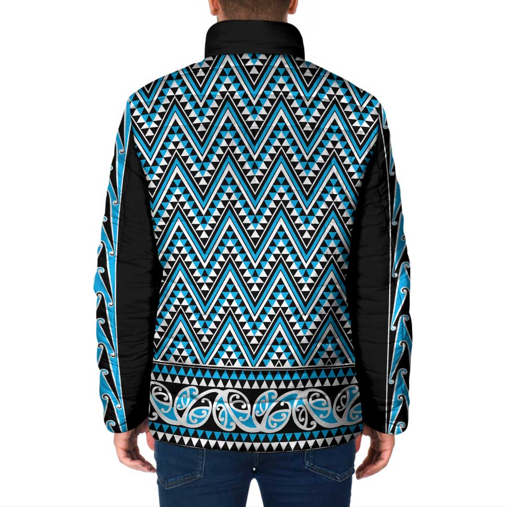 New Zealand Maori Niho Taniwha Padded Jacket Kikorangi Mangopare and Puhoro Pattern - Aussie Hoodie