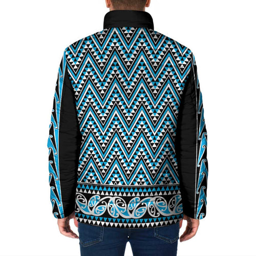 New Zealand Maori Niho Taniwha Padded Jacket Kikorangi Mangopare and Puhoro Pattern - Aussie Hoodie
