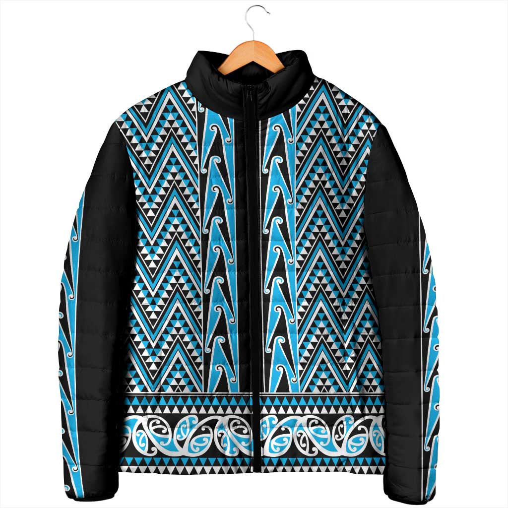 New Zealand Maori Niho Taniwha Padded Jacket Kikorangi Mangopare and Puhoro Pattern - Aussie Hoodie