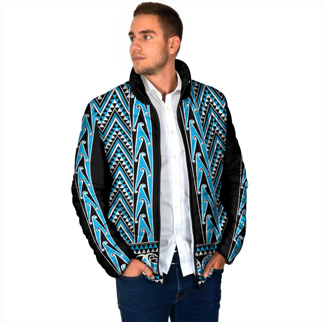 New Zealand Maori Niho Taniwha Padded Jacket Kikorangi Mangopare and Puhoro Pattern - Aussie Hoodie
