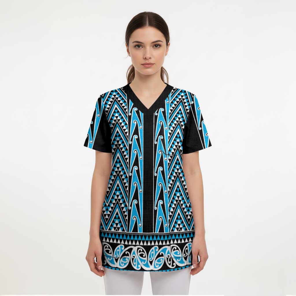 New Zealand Maori Niho Taniwha Scrub Top Kikorangi Mangopare and Puhoro Pattern - Aussie Hoodie