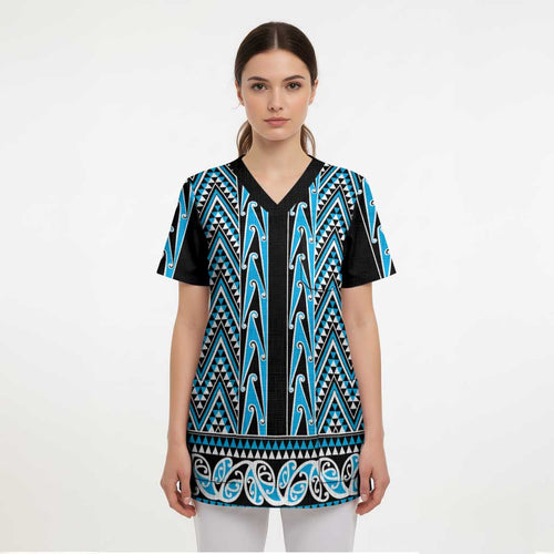 New Zealand Maori Niho Taniwha Scrub Top Kikorangi Mangopare and Puhoro Pattern - Aussie Hoodie