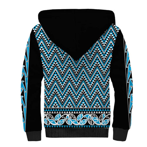 New Zealand Maori Niho Taniwha Sherpa Hoodie Kikorangi Mangopare and Puhoro Pattern
