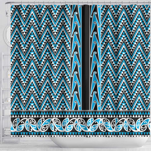 New Zealand Maori Niho Taniwha Shower Curtain Kikorangi Mangopare and Puhoro Pattern