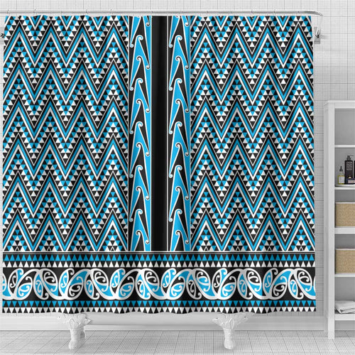 New Zealand Maori Niho Taniwha Shower Curtain Kikorangi Mangopare and Puhoro Pattern
