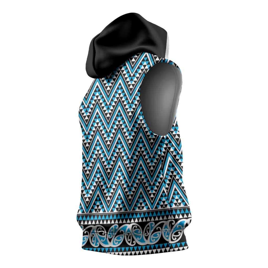 New Zealand Maori Niho Taniwha Sleeveless Hoodie Kikorangi Mangopare and Puhoro Pattern - Aussie Hoodie