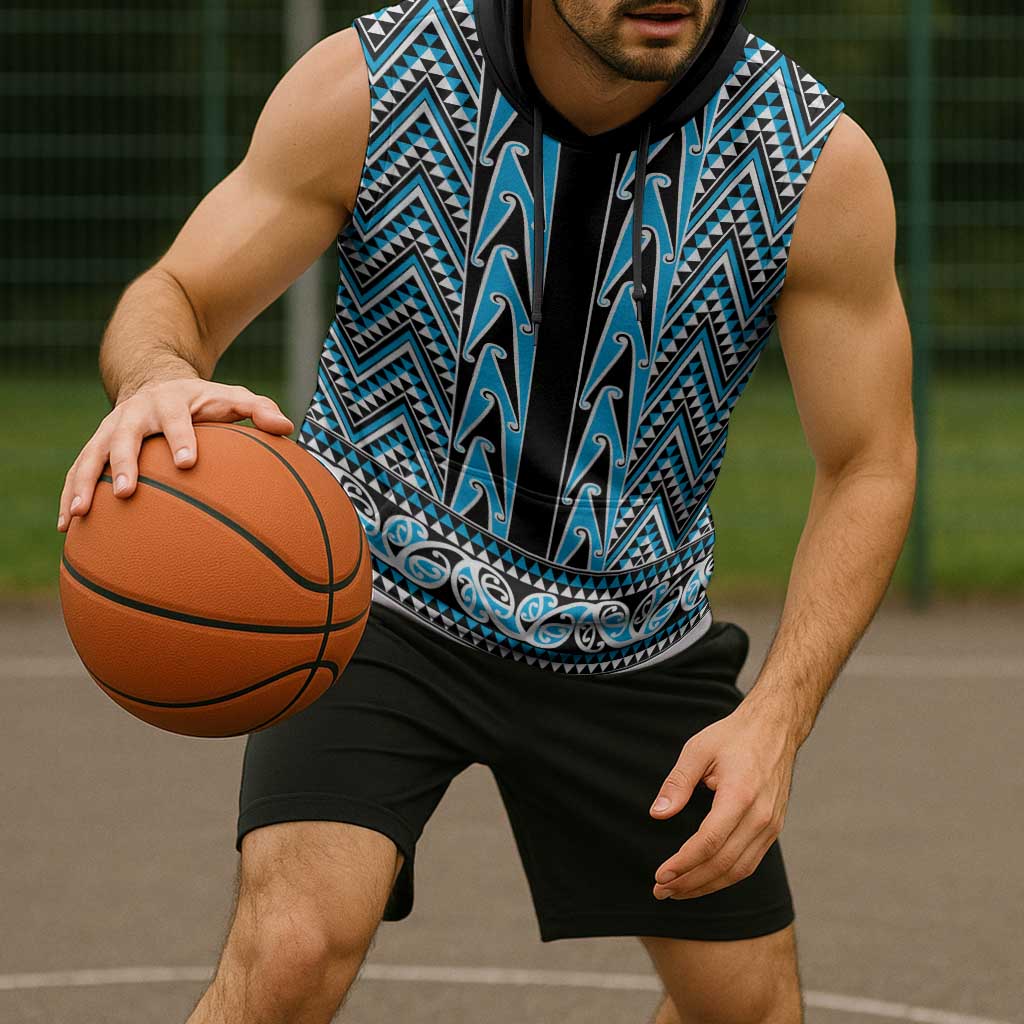 New Zealand Maori Niho Taniwha Sleeveless Hoodie Kikorangi Mangopare and Puhoro Pattern - Aussie Hoodie